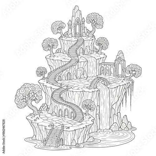 Fantasy Castle on a Mountain with Waterfalls and Bridges.