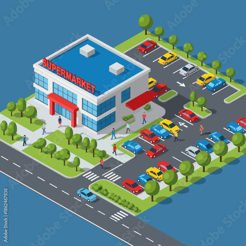 Isometric View of Supermarket Building and Parking.