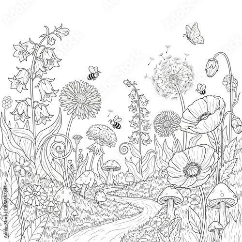 Enchanting Forest Path with Wildflowers and Mushrooms Coloring Page.