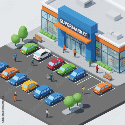 Isometric Supermarket Building with Parking Lot.