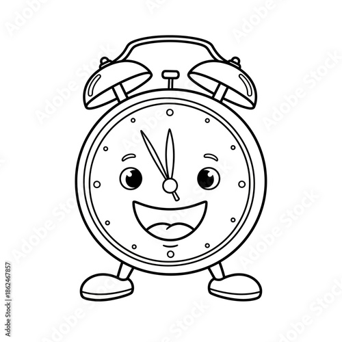 Happy Alarm Clock Cartoon Line Art Drawing.