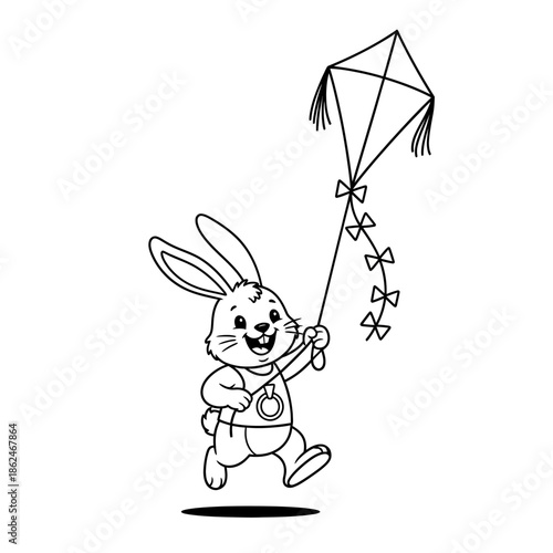 Happy cartoon bunny flying a kite, black and white line art.
