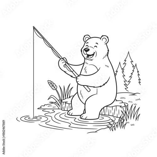 Happy Bear Fishing in a River with a Fishing Rod.