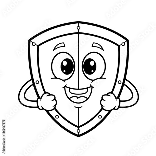 Happy cartoon shield character with a cheerful expression and arms.