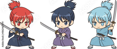 Cute Chibi Samurai Characters Set Featuring Colorful Japanese Sword Warriors with Katana Poses, Anime Style Cartoon Fighters for Games and Stickers