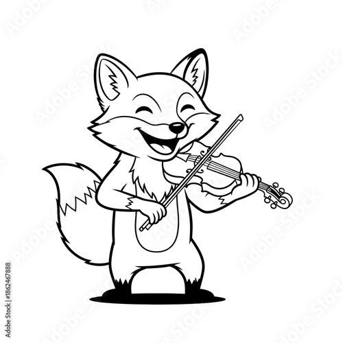Happy Fox Playing Violin Black and White Cartoon Illustration.