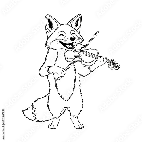 Happy Fox Playing Violin Cartoon Line Art.