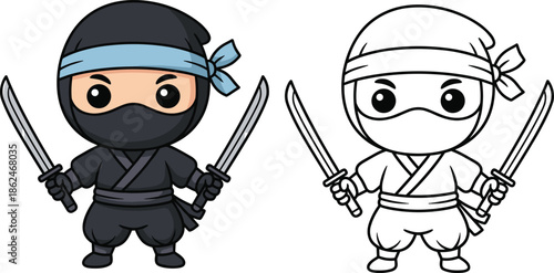 Cute Ninja Character Illustration Set Featuring Chibi Japanese Warrior with Katana Swords, Color and Outline Versions for Games, Stickers and Kids Designs