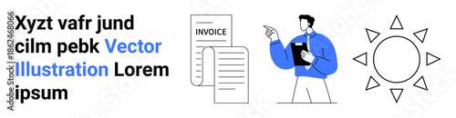 Financial analysis, documentation, billing, business management, corporate communication, data organization. A man with a clipboard points to an invoice document alongside a sun icon. Financial