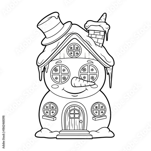 Charming Snowman House with Top Hat and Carrot Nose.