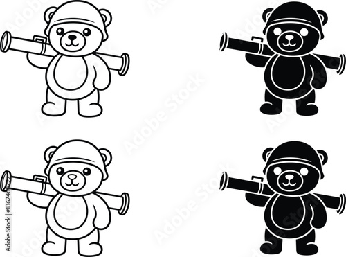 Cute Teddy Bear Soldier Illustration Set with Helmet and Rocket Launcher, Black and White Cartoon Vector Characters for Kids Design