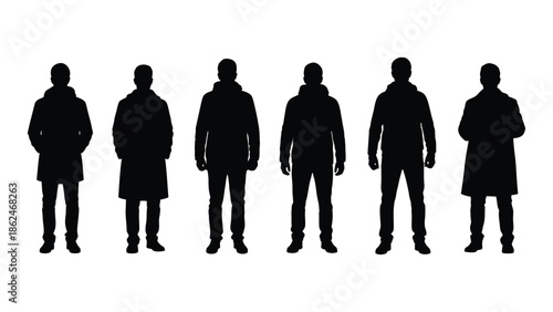 A row of silhouetted figures standing in a line all wearing outerwear