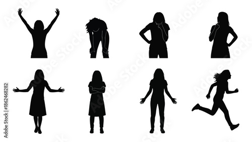 Silhouettes of people in various dynamic poses and activities shown in black