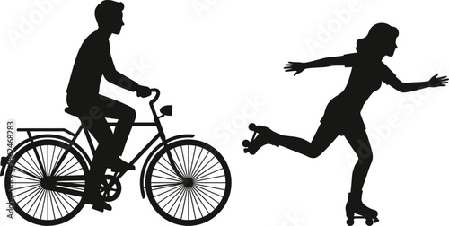 Cycling and Roller Skating Silhouette Vector Illustration Showing Active Urban Lifestyle, Outdoor Fitness, Motion and Leisure Recreation Concept Isolated on White Background