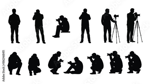 Silhouettes of photographers in various poses capturing moments with cameras