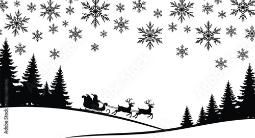 Black Christmas Silhouette Vector with Santa Claus Sleigh Reindeer Flying Over Winter Pine Forest Landscape and Snowflakes for Holiday Design