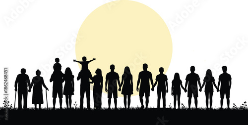 Diverse family and community silhouettes holding hands together in unity, solidarity, and human connection against bright sun background
