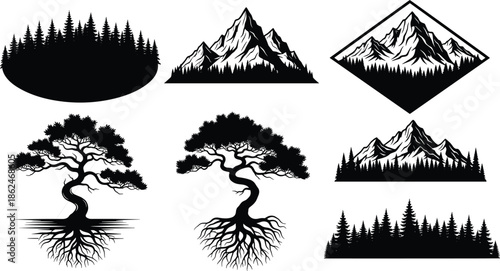 Black mountain peaks and forest silhouettes with bonsai tree roots set isolated on white background for outdoor nature logo design