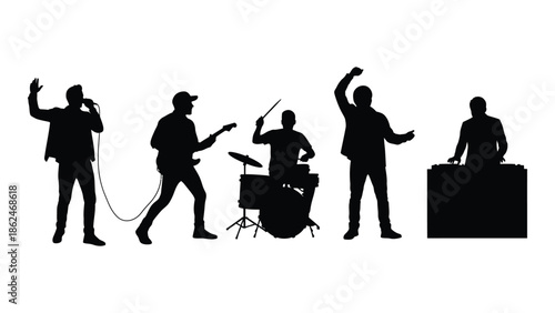 Silhouettes of a band performing live on stage with instruments