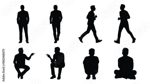 Silhouettes of people in various poses depicting movement and stillness