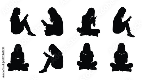 Silhouettes of people sitting and reading in various relaxed postures