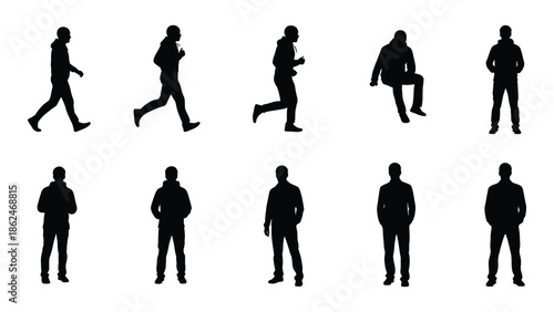 Silhouettes of people in various walking and standing poses against a white background