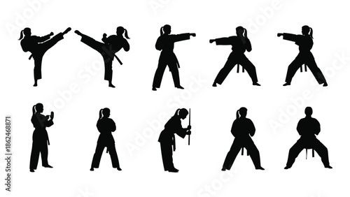 Black silhouettes depicting various martial arts stances and movements