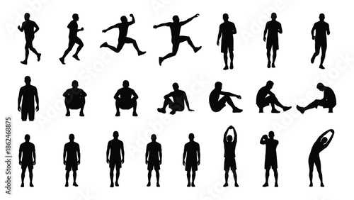 Silhouettes of people in various dynamic poses and stances