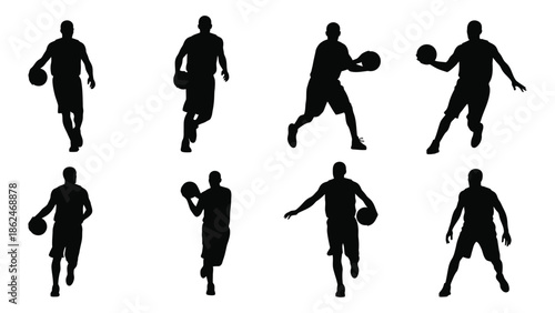 Silhouettes of basketball players in various action poses against a white background