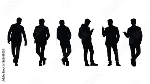 Silhouettes of men in suits walking in various poses against a white background