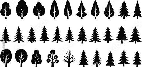Black tree icon set with flat deciduous and coniferous symbols isolated on white background for nature logo and web design