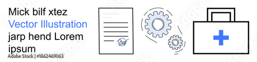 Healthcare, medical technology, technical support, document management, engineering processes, teamwork. Combination of icons such as a document, gears and a briefcase. Healthcare and medical