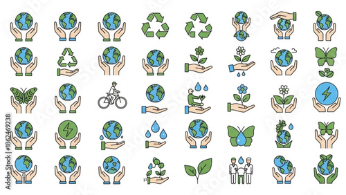 Eco-friendly Environmental Conservation Icons Set, Nature Symbols, Graphic Illustrations, Digital Design, Green Sustainability Concept