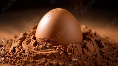 egg in warm soil closeup with brown shell partially buried in dirt
