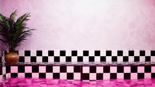 Vibrant pink room with checkered floor and plant on display indoors