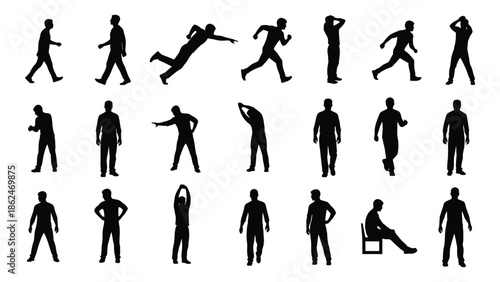 Silhouettes of people in various dynamic poses and activities are displayed