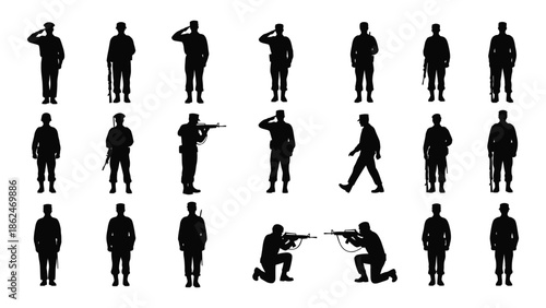 Silhouette depictions of soldiers in various poses and military formations