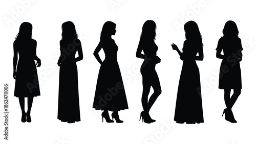Silhouettes of elegant women in various poses and dresses