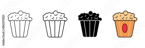 Set of minimalist popcorn icons with transparent background, depicting a popular snack food, movie theater treat, and cinema symbol, vector illustration