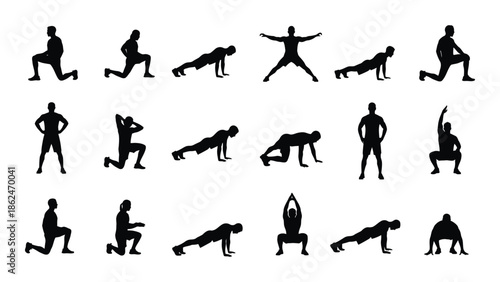 Silhouettes of people demonstrating various yoga and exercise poses
