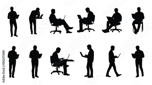 Silhouettes of people in various postures standing sitting using laptops