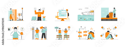 Social issues illustrations set. Flat vector illustration.
