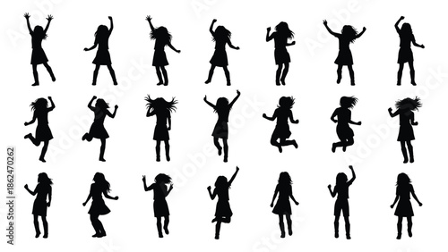 Silhouettes of people jumping and dancing in various energetic poses
