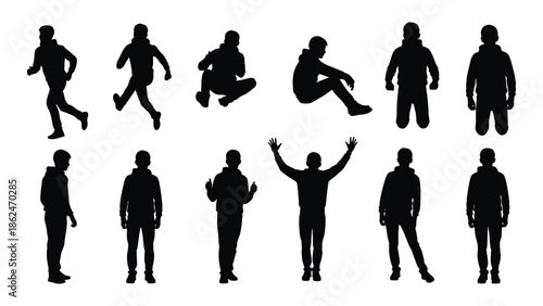 Silhouettes of people in various dynamic and static poses against a white background