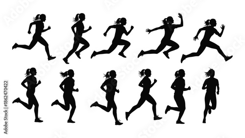 Silhouettes of people running depicting motion and athletic activity in a line