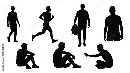 Silhouettes of men in various poses running sitting and standing