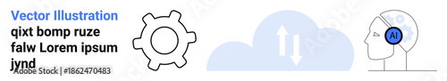 Artificial intelligence, automation, cloud computing, data transfer, technology innovation, efficiency improvement. Gear symbol, head with AI icon cloud and arrows. Artificial intelligence