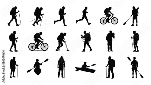 Silhouettes of people engaged in various outdoor recreational activities