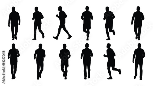 A collection of silhouettes depicting people in various running and walking poses