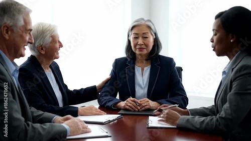 diverse business team in a meeting around a conference table discussing strategy